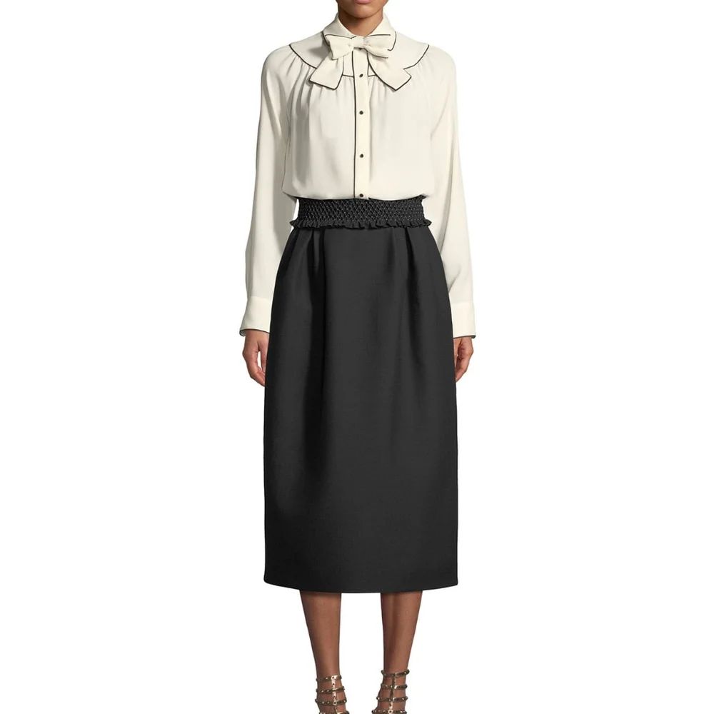 nwt Valentino Smock-Waist A-Line Crepe Wool-Blend Ankle-Length Black Ski…